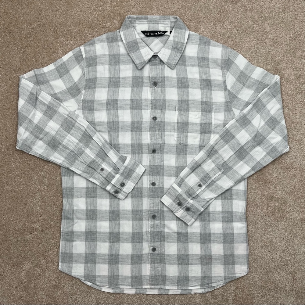 Travis Mathew Shirt Adult Medium Gray White Button Up Plaid Flannel Preppy Men
